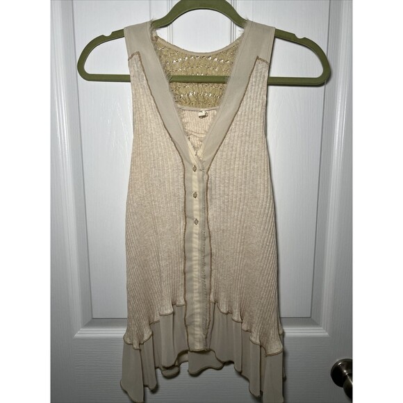 Anthropologie Tiny Ribbed Button Down Sleeveless Top Small Beige Mixed Media - Picture 1 of 9
